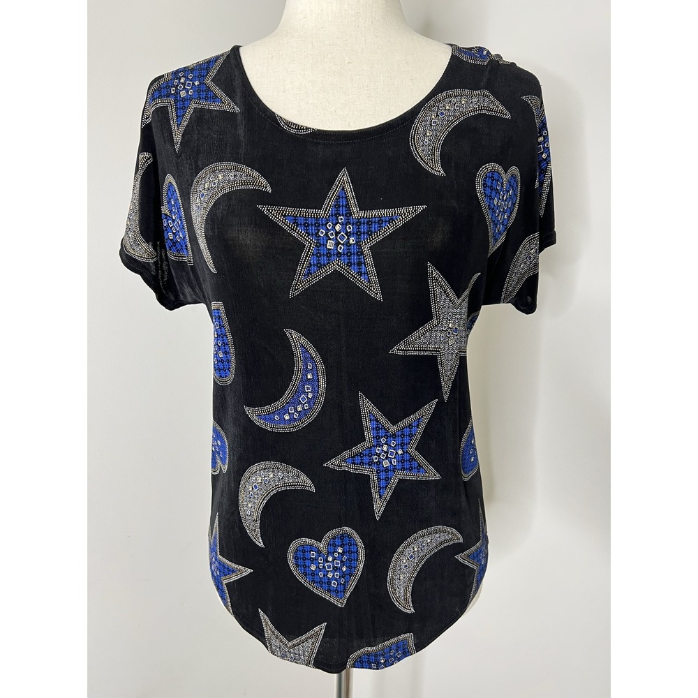 JAIPUR Celestial Moon Star Heart Top Black Blue Whimsigoth Y2K Fairy Grunge